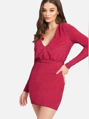 Bebe Blouson Lurex V-Neck Long Sleeve Mini Dress - Shimmer Red Glitter cocktail